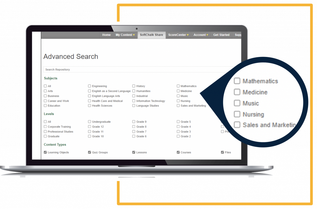 laptop showing Advanced Search screen with subject and level selections, magnification on sample subjects mathematics, medicine, music, nursing, sales, marketing