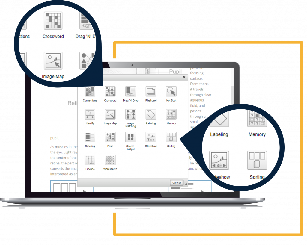 Laptop screen showing interactive content options for Softchalk lesson development, magnifying various games such as crosswords, memory, sorting, slideshow, labelling, image map, drop n drop