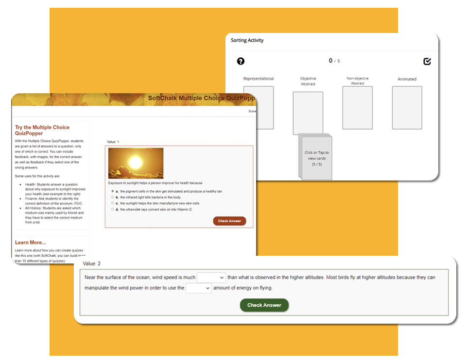 Three screenshots clustered - one is sorting activity, another is a multiple choice quizpopper activity, the third highlights a multiple choice with check answer option