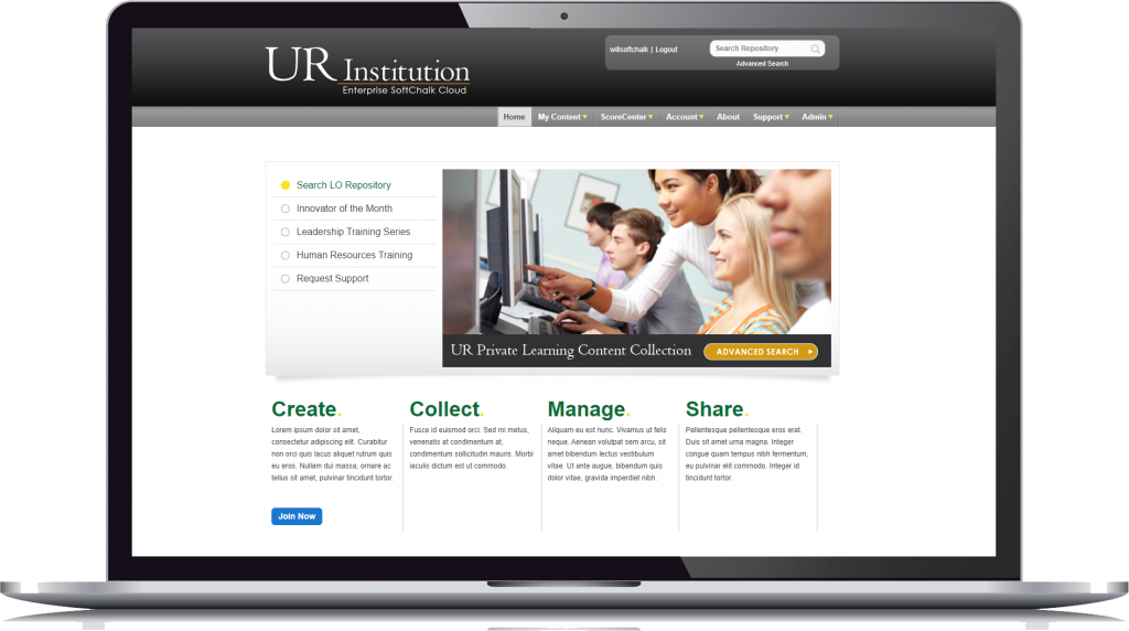 laptop showing sample university landing page with softchalk software highlighting actions named Create, Collect, Manage, Share