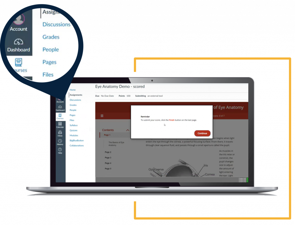 laptop screen with sample lesson named Eye Anatomy Demo with magnification on the sidebar options including adding users to courses