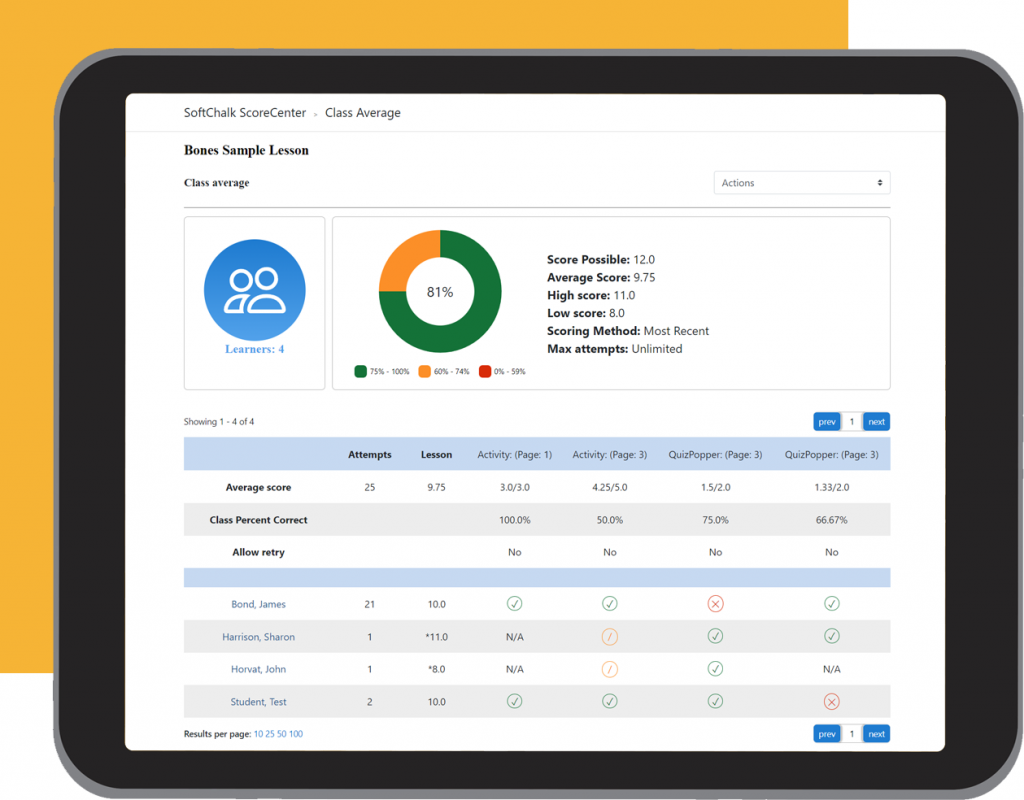 Tablet showing sample lesson scoring with pie chart and data table