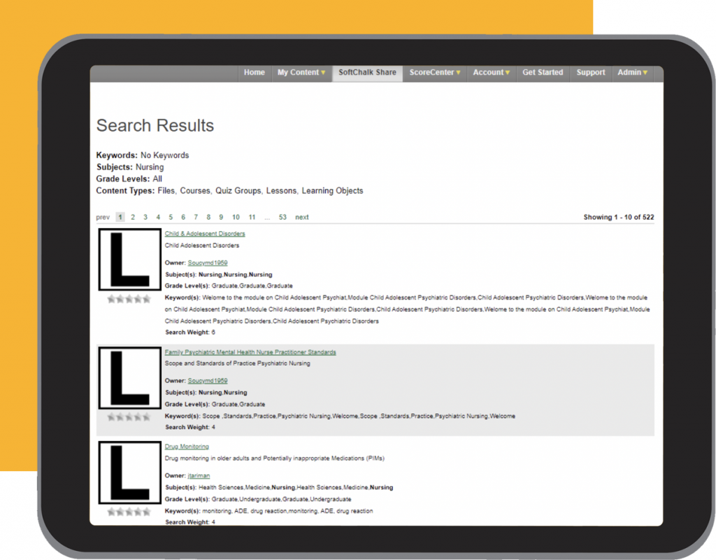 tablet showing OER search results page