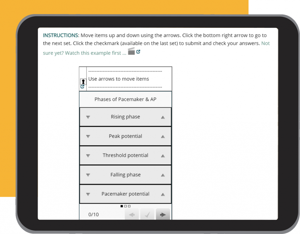 tablet showing sample interactive experience setup within a softchalk lesson. Instructions say use arrows to move items.